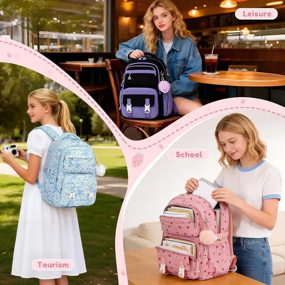 Kids Backpack for Girls Corduroy School Bag with Laptop Compartment Pink